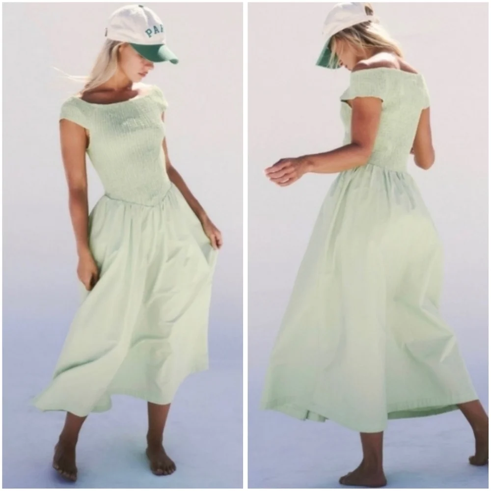 Free People Ceci Smocked Mint Green A-Line Midi Medium Sundress NWT New